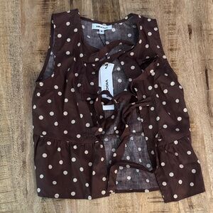 Vigoss Brown and cream Polka Dot Sleeveless Tie-Front Blouse SMALL NWT NEW